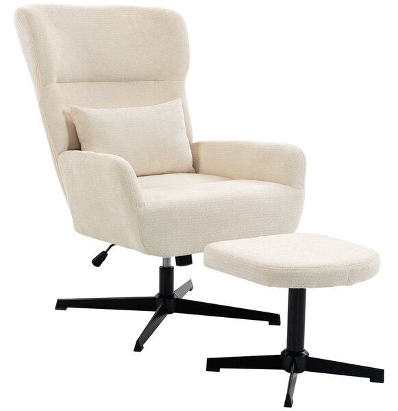 HOMCOM Poltrona Lounge Girevole 360° con Poggiapiedi e Altezza Regolabile, Bianco Crema | Aosom Italy