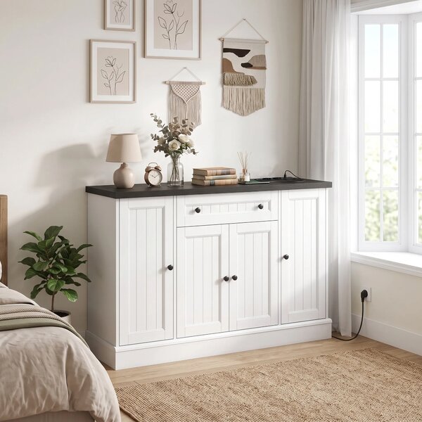 HOMCOM Credenza con Stazione di Ricarica, 4 Ante, Cassetto e Ripiani, Bianco e Nero | Aosom Italy