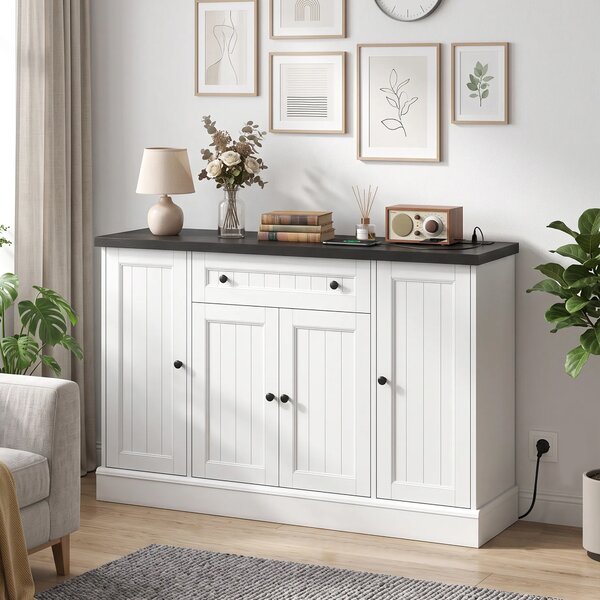 HOMCOM Credenza con Stazione di Ricarica, 4 Ante, Cassetto e Ripiani, Bianco e Nero | Aosom Italy