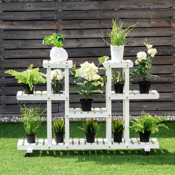 Costway Supporto in legno a 4 livelli per piante per giardino, Scaffale rinforzato per fiori con ruote bloccabili Bianco>
