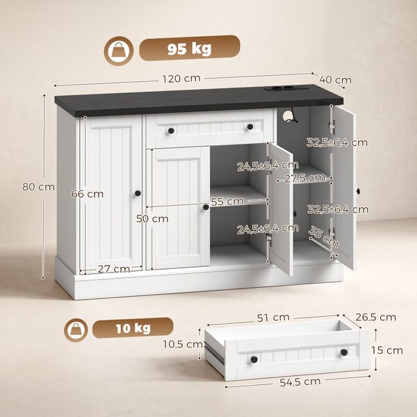 HOMCOM Credenza con Stazione di Ricarica, 4 Ante, Cassetto e Ripiani, Bianco e Nero | Aosom Italy