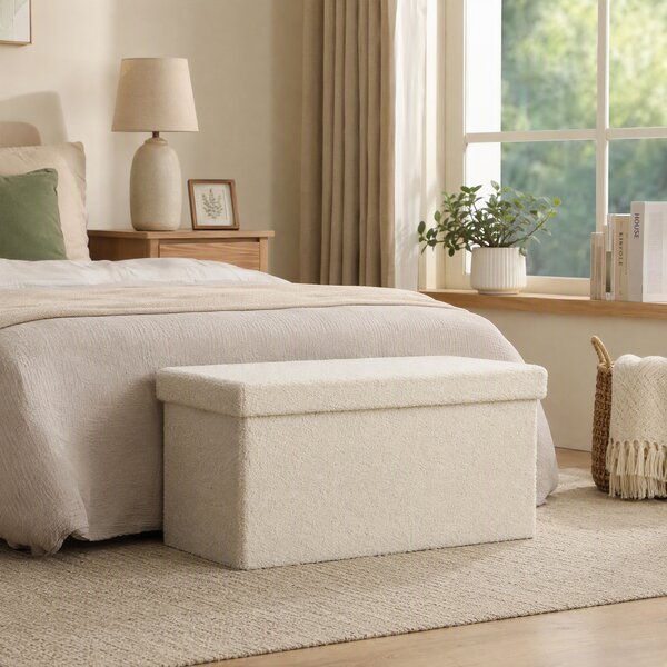 HOMCOM Panca Contenitore 84 L Pieghevole e Imbottita in Tessuto Teddy, 76x38x38 cm, Crema | Aosom Italy