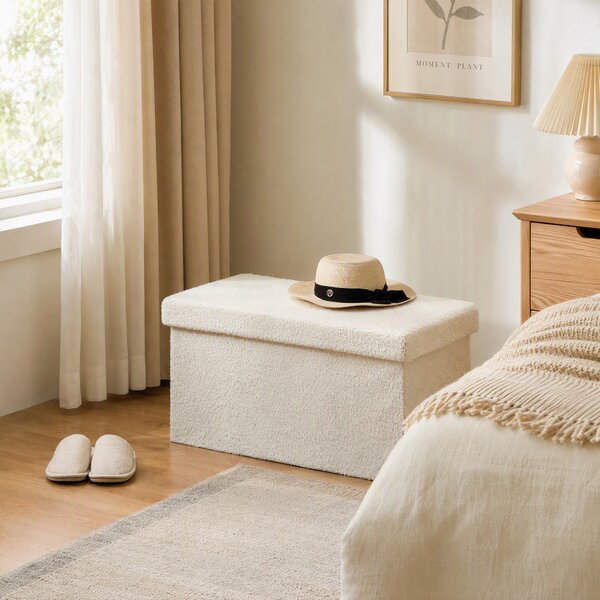 HOMCOM Panca Contenitore 84 L Pieghevole e Imbottita in Tessuto Teddy, 76x38x38 cm, Crema | Aosom Italy