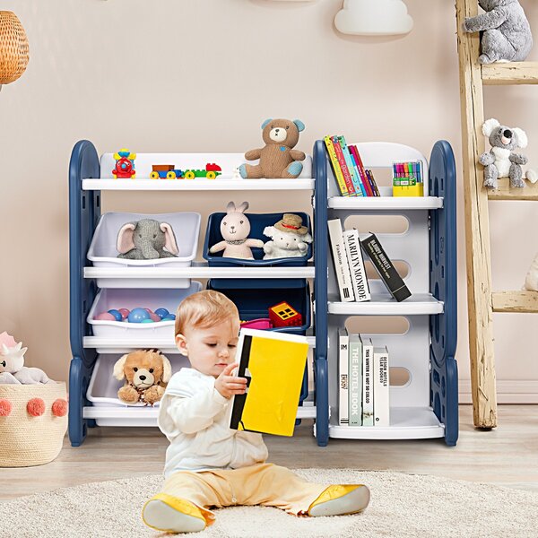 Costway Organizer per giocattoli con scatole per bambini, Scaffale  multilivello in plastica con libreria Blu>