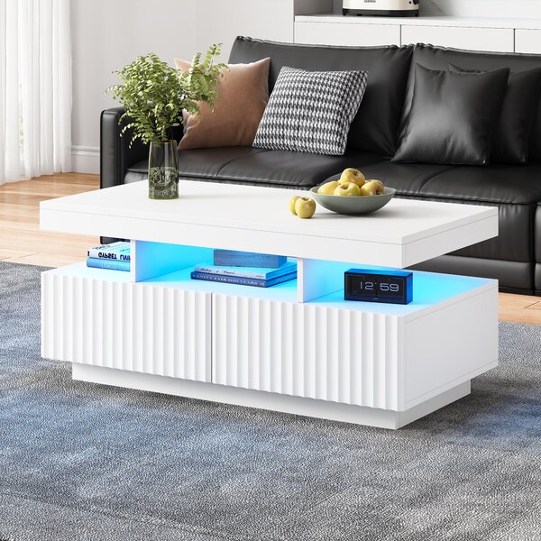 Tavolino da divano, dimensioni 100 x 50 x 45 cm, realizzato in pannello di fibra di legno (PB) al 100%, colore bianco, dotato di 2 cassetti, vano centrale aperto e striscia LED controllabile tramite app