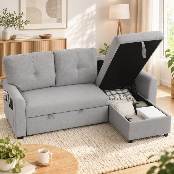 HOMCOM Divano Letto 3 Posti Estraibile con Chaise Longue Convertibile, Vano Portaoggetti, 3 Cuscini, in Lino, Grigio | Aosom Italy