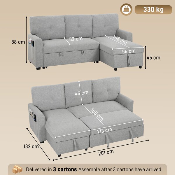 HOMCOM Divano Letto 3 Posti Estraibile con Chaise Longue Convertibile, Vano Portaoggetti, 3 Cuscini, in Lino, Grigio | Aosom Italy