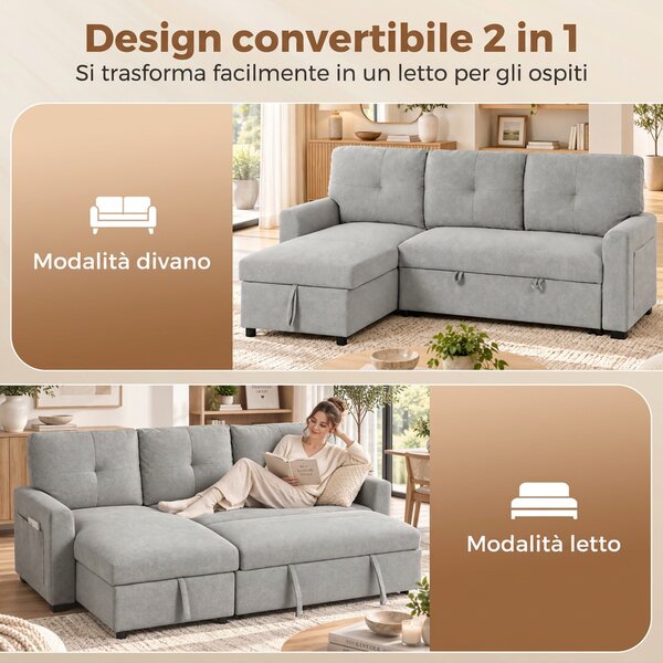 HOMCOM Divano Letto 3 Posti Estraibile con Chaise Longue Convertibile, Vano Portaoggetti, 3 Cuscini, in Lino, Grigio | Aosom Italy