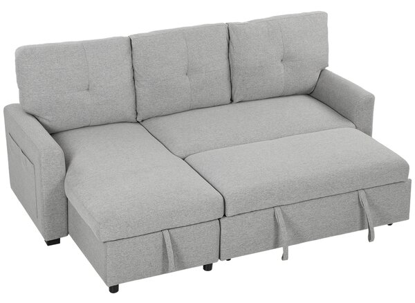 HOMCOM Divano Letto 3 Posti Estraibile con Chaise Longue Convertibile, Vano Portaoggetti, 3 Cuscini, in Lino, Grigio | Aosom Italy