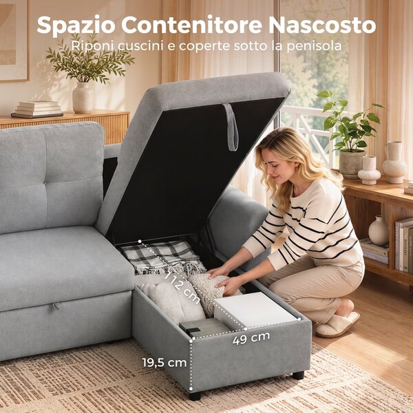 HOMCOM Divano Letto 3 Posti Estraibile con Chaise Longue Convertibile, Vano Portaoggetti, 3 Cuscini, in Lino, Grigio | Aosom Italy