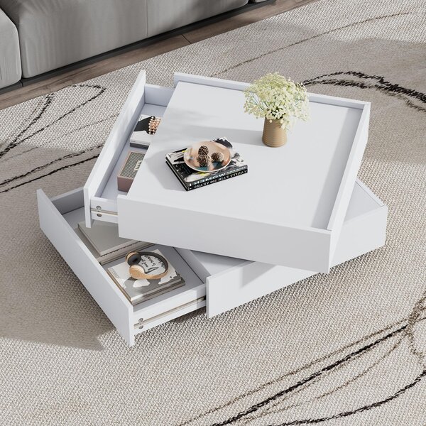 Tavolino da divano, dimensioni 60x60x38 cm, realizzato in pannello di particelle al 100%, colore bianco, tavolino girevole a 360°, dotato di 2 cassetti e ripiano