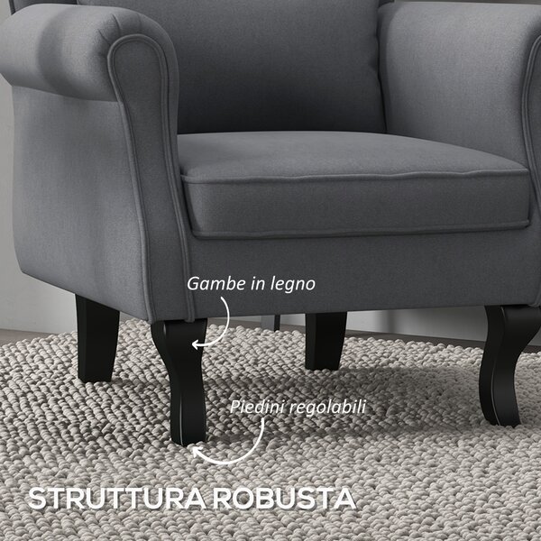 HOMCOM Poltrona da Salotto Vintage in Tessuto con Cuscino Lombare e Imbottitura, Grigio Scuro|Aosom