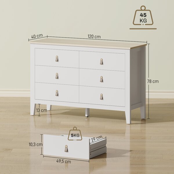 HOMCOM Cassettiera per Camera da Letto a 6 Cassetti con Maniglie in Finta Pelle, 120x40x78 cm, Bianco | Aosom Italy