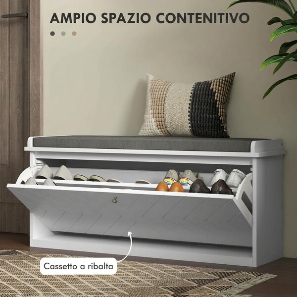 HOMCOM Panca Scarpiera Salvaspazio con Cassetto Ribaltabile, Cuscino e Ripiano Regolabile per 10 Paia di Scarpe, Bianco | Aosom Italy