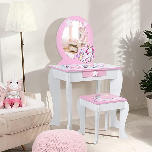 Costway Toeletta per bambine, toeletta principesse con sgabello specchio smontabile e cassetto Bianco>
