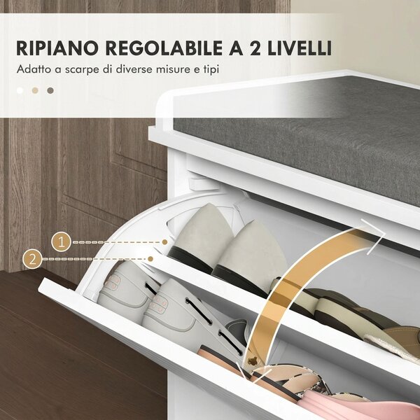 HOMCOM Panca Scarpiera Salvaspazio con Cassetto Ribaltabile, Cuscino e Ripiano Regolabile per 10 Paia di Scarpe, Bianco | Aosom Italy