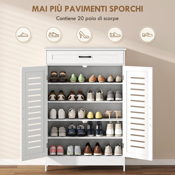HOMCOM Scarpiera Salvaspazio con 2 Ante a Persiana, 5 Livelli, Ripiani Regolabili, per 20 Paia di Scarpe, per Ingresso Corridoio, 78x37x115.8cm, Bianco | Aosom Italy