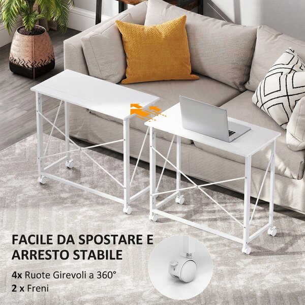 HOMCOM Scrivania Salvaspazio Pieghevole, 80x40x75 cm, Ruote a Freno per Casa, Studio e Ufficio, Bianco | Aosom Italy