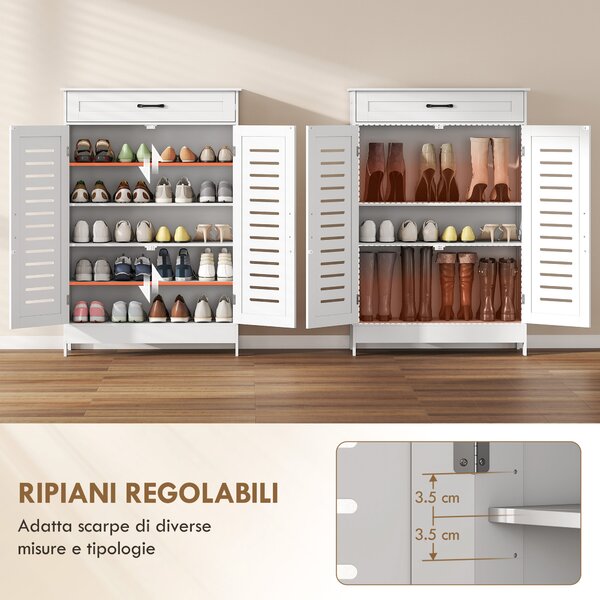 HOMCOM Scarpiera Salvaspazio con 2 Ante a Persiana, 5 Livelli, Ripiani Regolabili, per 20 Paia di Scarpe, per Ingresso Corridoio, 78x37x115.8cm, Bianco | Aosom Italy