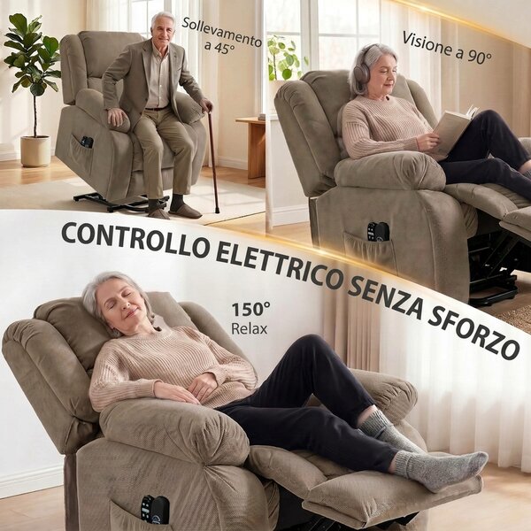 HOMCOM Poltrona Elettrica Alzapersona Reclinabile 150°, Seduta Ampia, Massaggiante, Riscaldata, Velluto, Marrone Chiaro | Aosom Italy
