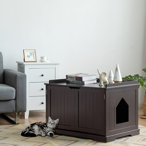 Costway Casetta privata per gatti con struttura in legno resistente, Casa multifunzionale con foro per gatti Marrone>
