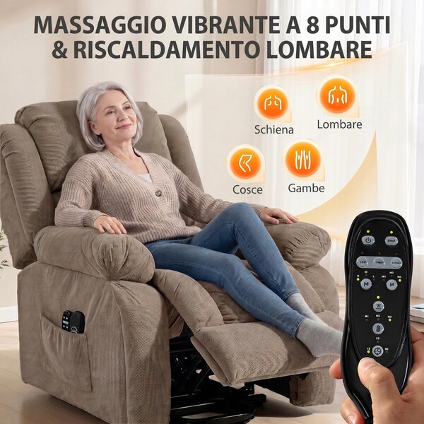 HOMCOM Poltrona Elettrica Alzapersona Reclinabile 150°, Seduta Ampia, Massaggiante, Riscaldata, Velluto, Marrone Chiaro | Aosom Italy