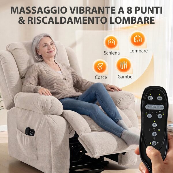 HOMCOM Poltrona Elettrica Alzapersona Reclinabile 150°, Seduta Ampia, Massaggiante, Riscaldata, Velluto, Beige | Aosom Italy