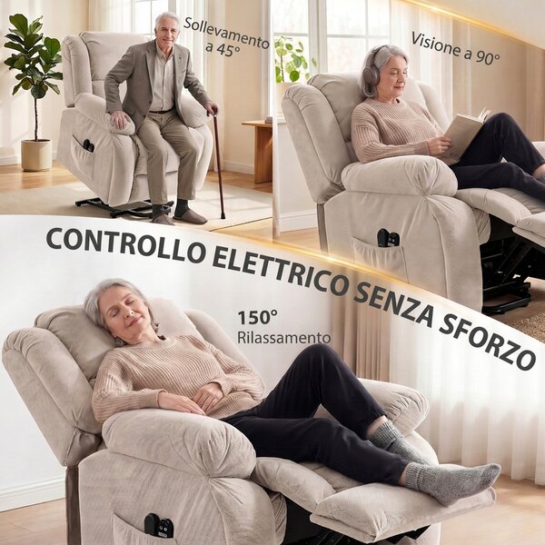 HOMCOM Poltrona Elettrica Alzapersona Reclinabile 150°, Seduta Ampia, Massaggiante, Riscaldata, Velluto, Beige | Aosom Italy