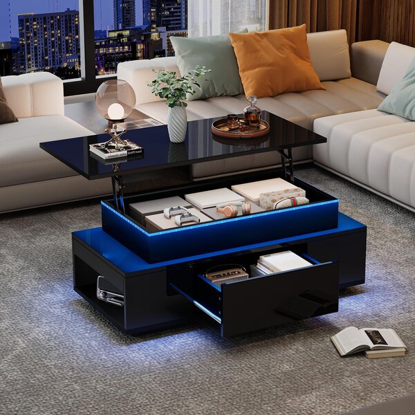 Tavolino da divano, dimensioni 96 x 45 x 40 cm, realizzato in pannello di particelle al 100%, colore nero, con altezza regolabile, vano contenitore nascosto, 1 cassetto e illuminazione LED
