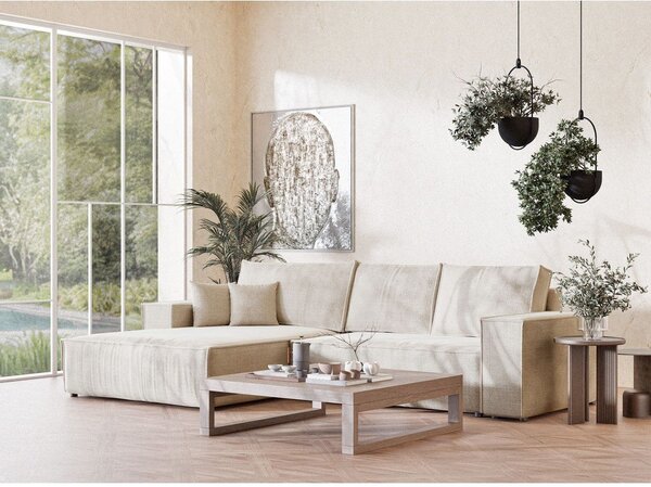 Divano angolare color crema allungabile/con contenitore (con penisola a sinistra/con chaise lounge) con rivestimento in ciniglia Maze – Maison de Rêve