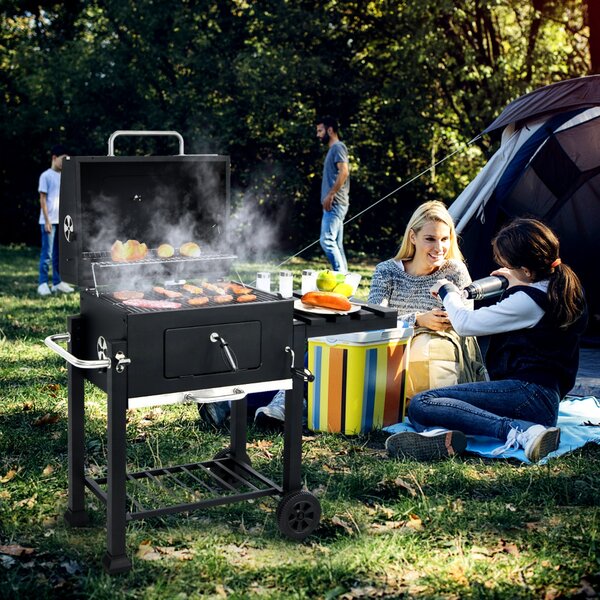 Costway Barbecue a carbonella portatile per picnic campeggio e feste, Combo barbecue da esterno con ruote e tavolino Nero>
