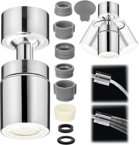 Ugello per rubinetto con aeratore - Aeratore per rubinetto rotante a 360° - 2 modalità d'acqua - Aeratore per rubinetto da cucina con diversi adattatori