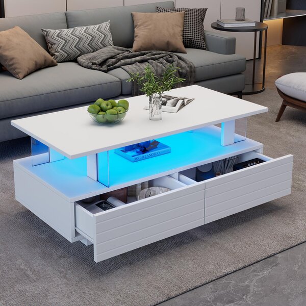 Tavolino da caffè, dimensioni 100 x 50 x 42 cm, realizzato in pannello di particelle di legno al 100%, con piano in vetro acrilico, colore bianco, dotato di illuminazione a LED, 2 cassetti e ripiano aperto