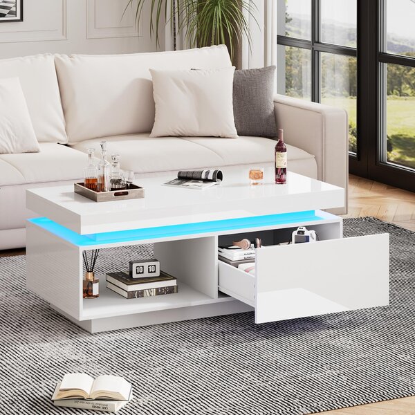 Tavolino da divano, dimensioni 100x50x40,3 cm, realizzato in pannello di particelle al 100%, colore bianco, con 1 cassetto, illuminazione LED e pannelli laccati lucidi