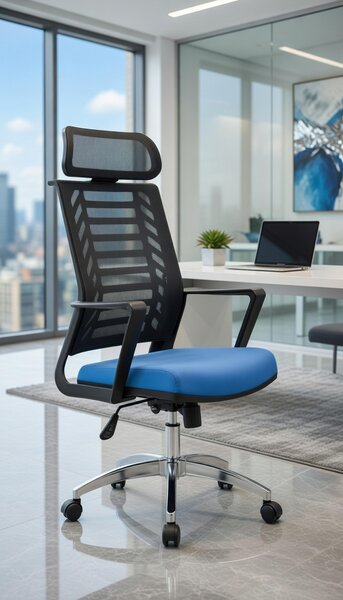 Moderna sedia da ufficio con rivestimento in rete e Pelle finta nei colori blu e nero