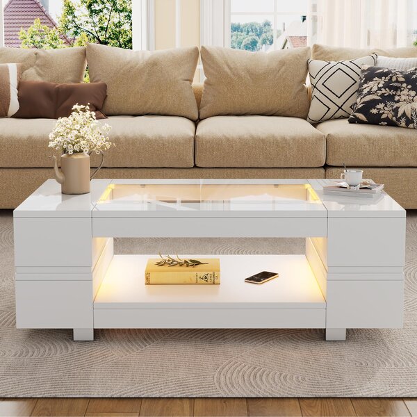 Tavolino da salotto, dimensioni 100 x 50 x 35 cm, realizzato in pannello di particelle di legno al 100%, con piano in vetro temperato, colore bianco, dotato di illuminazione LED, controllo tramite app e 2 ripiani