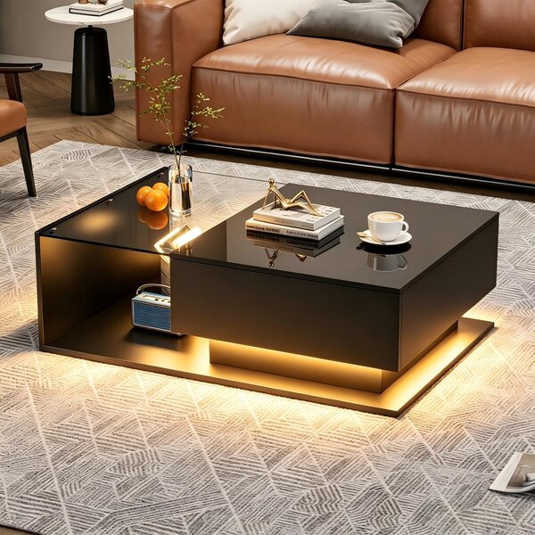 Tavolino da divano, dimensioni 100x50x32 cm, realizzato in pannello di particelle al 100%, colore nero, con piano in vetro, 1 cassetto e illuminazione LED, piano superiore in finitura lucida