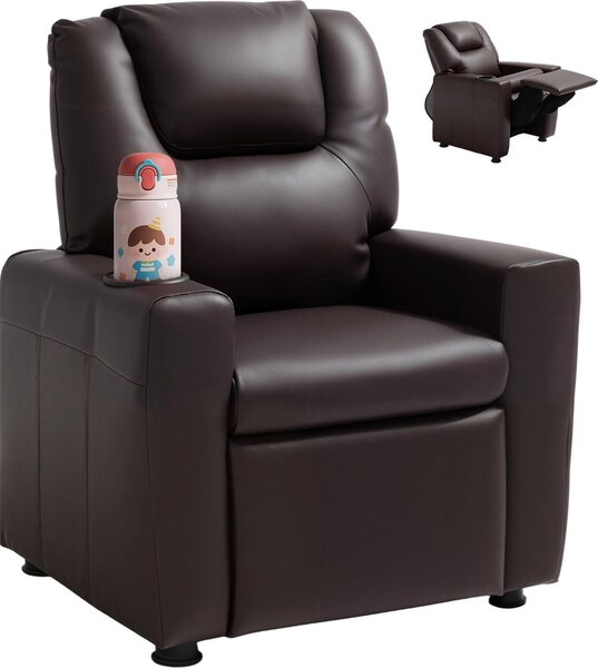 Poltrona per bambini - Poltrona relax con funzione reclinabile - Schienale regolabile da 101° a 121° - Finto cuoio - Con poggiapiedi e portabevande - Portata massima 41 kg - Marrone