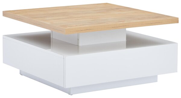 Tavolino da divano 70x70x36 cm in pannello di particelle rivestito in bianco e noce, forma quadrata, piano girevole a 360°, con cassetto e vano aperto per la conservazione