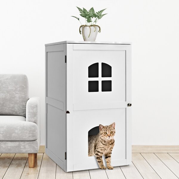 Costway Lettiera per gatti con 2 livelli e struttura stabile di legno, Lettiera casetta nascosta in un mobile Bianco>