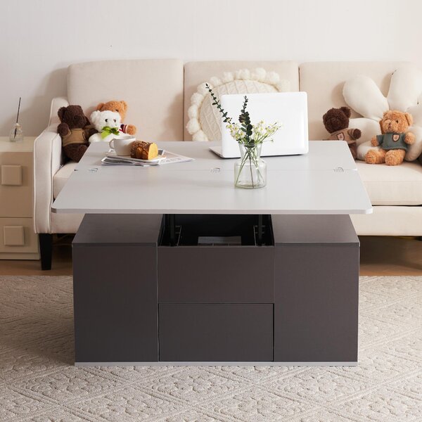 Tavolino da caffè 100 x 51 x 47 cm, tavolino da caffè con altezza regolabile, realizzato al 100% in pannello di particelle, colore grigio, con 2 cassetti e vani a giorno