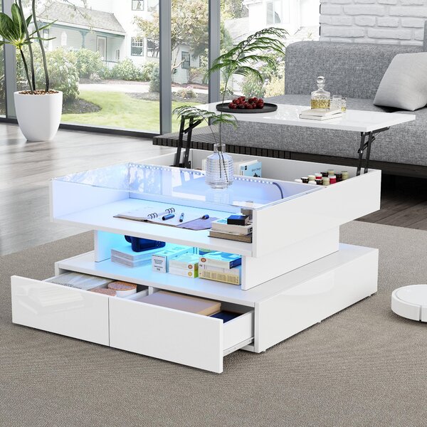 Tavolino da salotto, dimensioni 80 x 80 x 45 cm, realizzato in pannello di particelle al 100%, con piano in vetro temperato, colore bianco, con altezza regolabile, dotato di spazio contenitivo nascosto e 2 cassetti