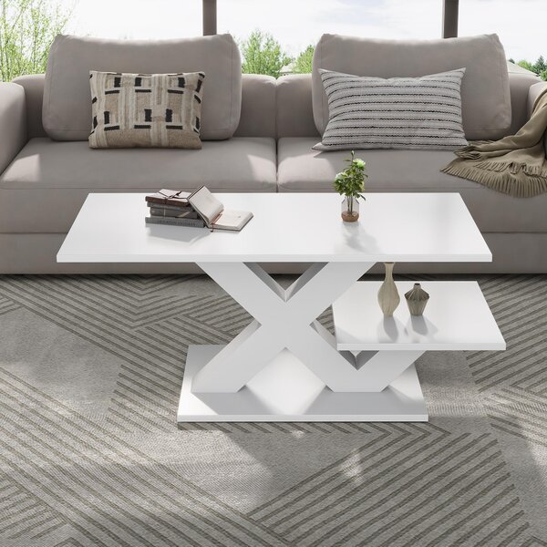 Tavolino da salotto, dimensioni 100x48x45 cm, realizzato in MDF al 100%, colore bianco, forma rettangolare, superficie lucida, dotato di doppio ripiano e struttura a forma di "X"