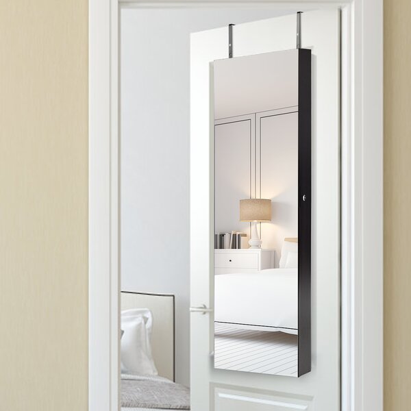 Costway Armadio portagioie con specchio in legno a parete con LED interno 33,5x10x120cm Marrone>