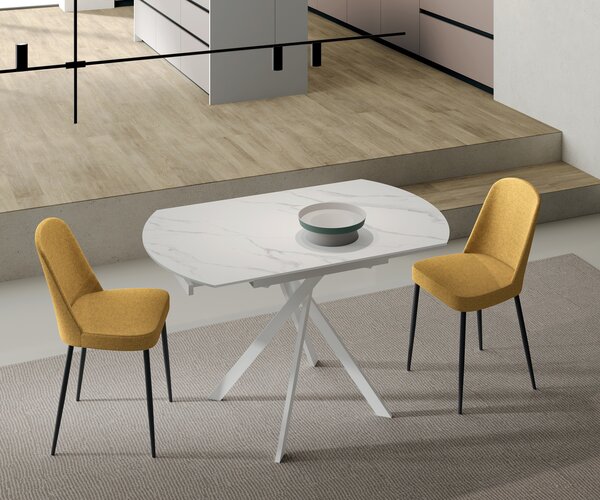 Tavolo Allungabile Roll 120x80/120x76 cm Top in Ceramica Gambe in Metallo Marmo Calacatta Bianco