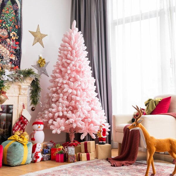 Costway Albero di Natale innevato floccato 180cm con 920 rami in PVC, Pino  realistico a cerniera con base pieghevole Rosa>