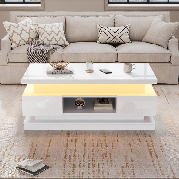 Tavolino da divano, dimensioni 100 x 50 x 40 cm, realizzato in pannello di particelle al 100%, colore bianco, con altezza regolabile, dotato di 2 cassetti, vano contenitore nascosto e illuminazione a LED