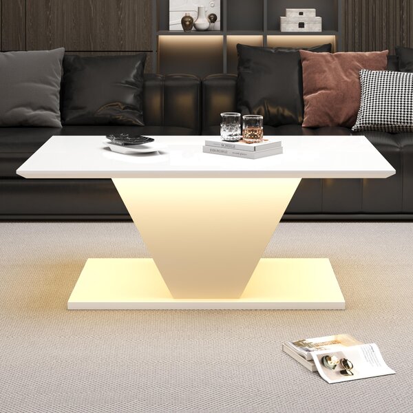 Tavolino da caffè, dimensioni 100 x 50 x 46 cm, realizzato in pannello di particelle di legno al 100%, colore bianco, forma a V, piano del tavolo in finitura lucida, con illuminazione a LED