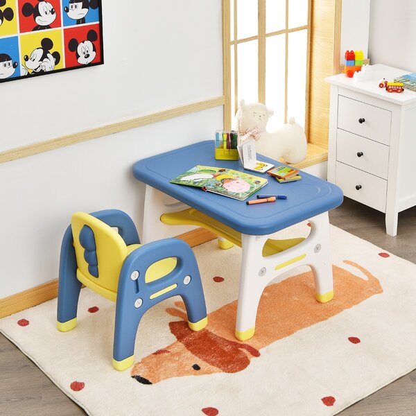 Costway Set tavolo e sedia per bambini con forma di dinosauro, Mobili di plastica con mensola e costruzioni Blu>