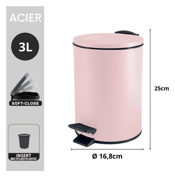 Cestino per la spazzatura rosa in acciaio con pedale 3 l Adelar – Spirella